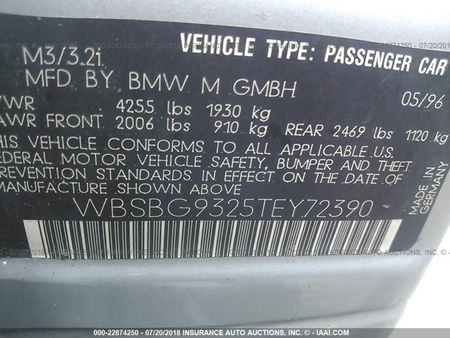 WBSBG9325TEY72390 - 1996 BMW M3 SILVER photo 9