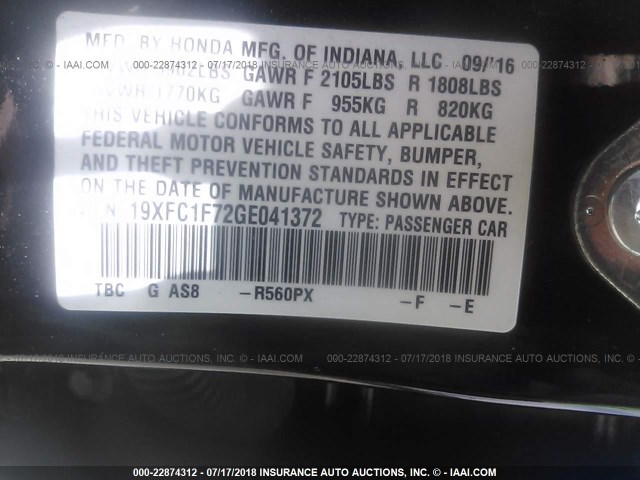 19XFC1F72GE041372 - 2016 HONDA CIVIC EXL PURPLE photo 9
