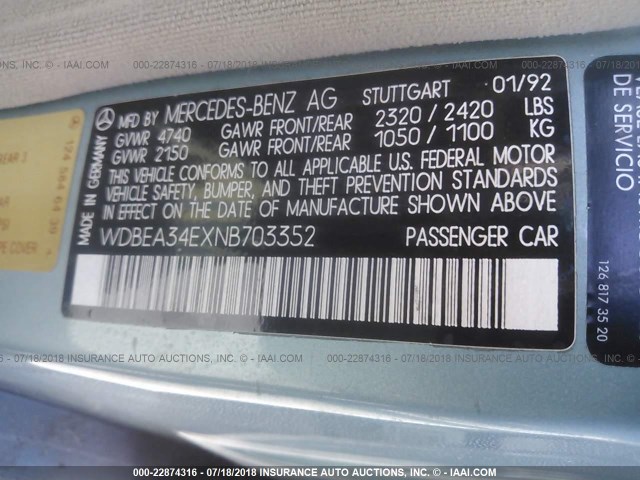 WDBEA34EXNB703352 - 1992 MERCEDES-BENZ 400 E BLUE photo 9