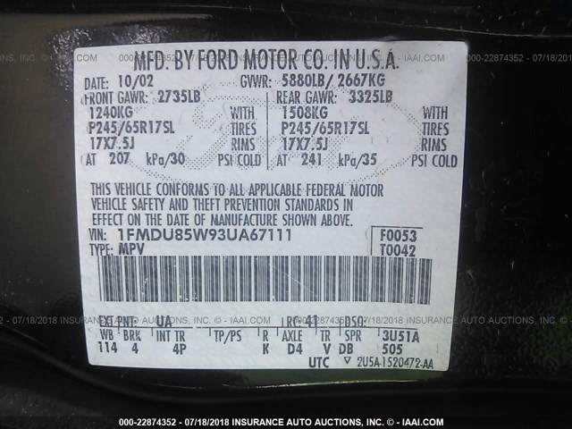 1FMDU85W93UA67111 - 2003 FORD EXPLORER LIMITED BLACK photo 9