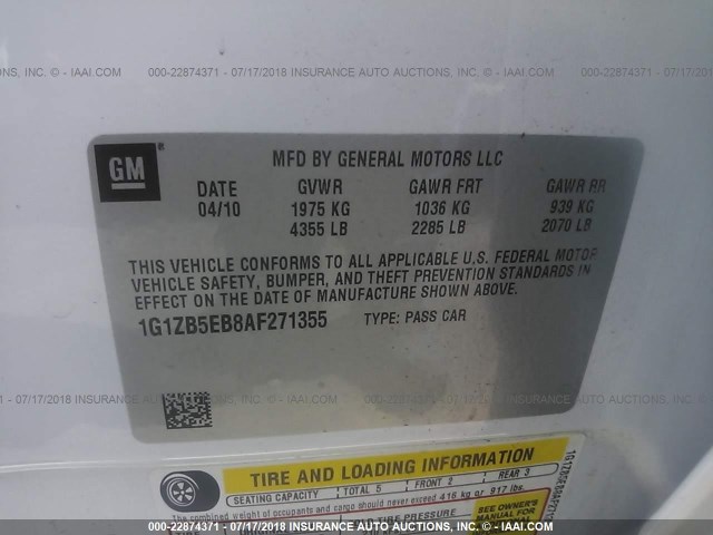 1G1ZB5EB8AF271355 - 2010 CHEVROLET MALIBU LS თეთრი ფოტო 9