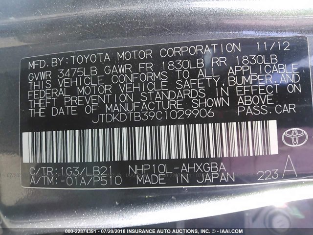 JTDKDTB39C1029906 - 2012 TOYOTA PRIUS C GRAY photo 9