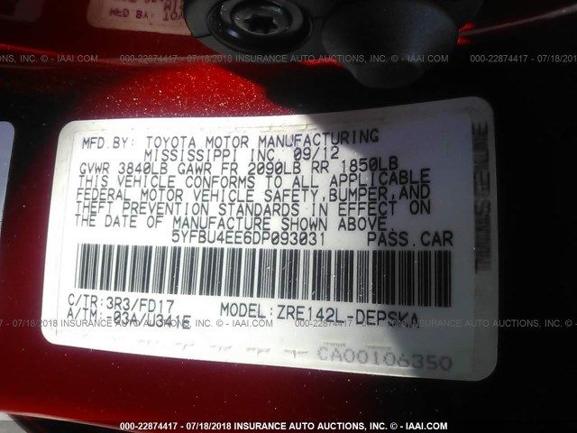 5YFBU4EE6DP093031 - 2013 TOYOTA COROLLA S/LE RED photo 9