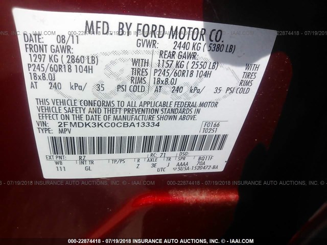 2FMDK3KC0CBA13334 - 2012 FORD EDGE LIMITED BURGUNDY photo 9