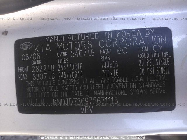 KNDJD736975671116 - 2007 KIA SORENTO EX/LX SILVER photo 9