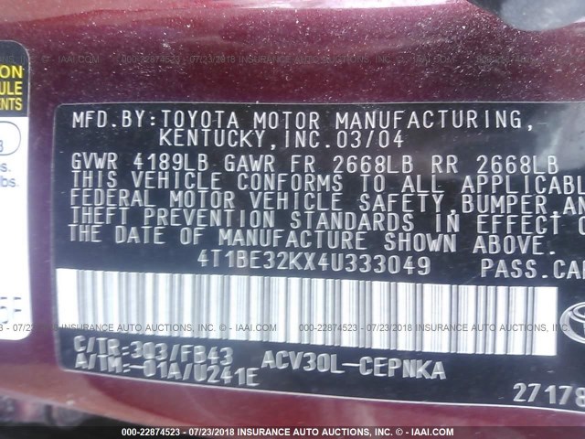 4T1BE32KX4U333049 - 2004 TOYOTA CAMRY LE/XLE/SE 红色 照片 9
