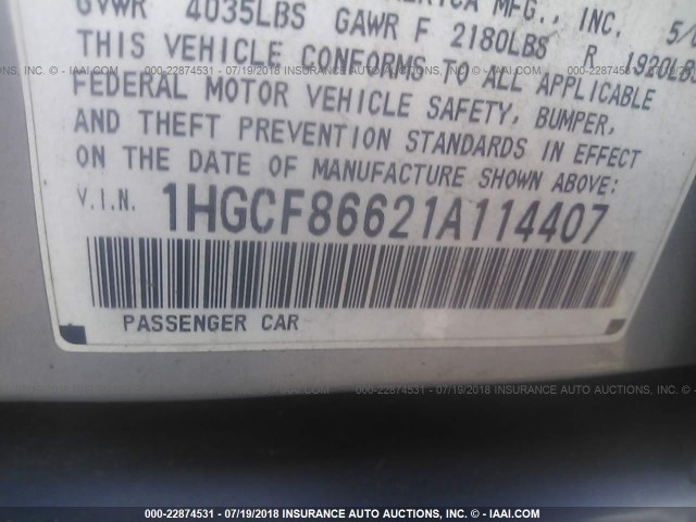 1HGCF86621A114407 - 2001 HONDA ACCORD VALUE SILVER photo 9