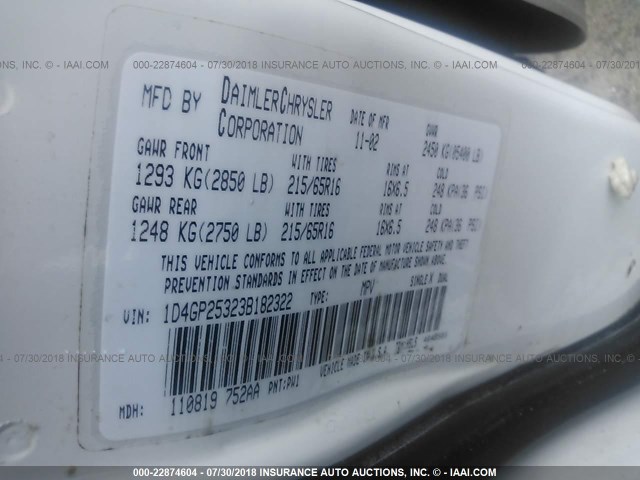 1D4GP25323B182322 - 2003 DODGE CARAVAN SE WHITE photo 9