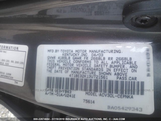 4T1BE32K13U721561 - 2003 TOYOTA CAMRY LE/XLE/SE 米色 照片 9