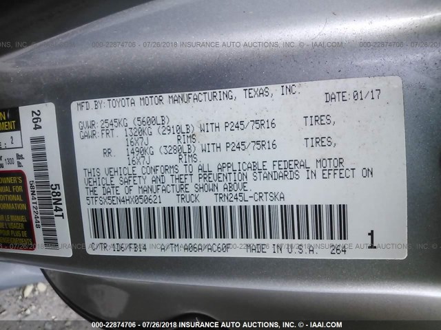 5TFSX5EN4HX050621 - 2017 TOYOTA TACOMA ACCESS CAB/SR/SR5 SILVER photo 9