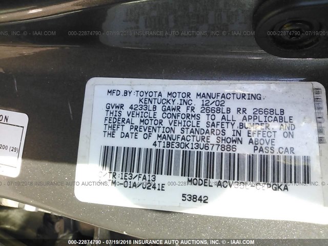4T1BE30K13U677886 - 2003 TOYOTA CAMRY LE/XLE/SE 灰色 照片 9