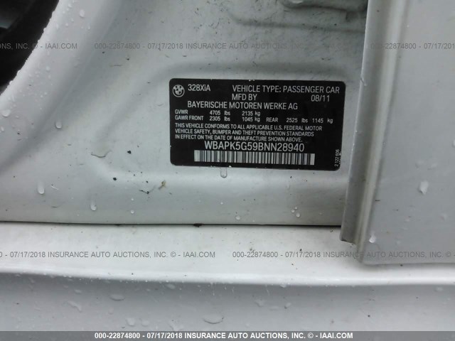 WBAPK5G59BNN28940 - 2011 BMW 328 XI SULEV WHITE photo 9