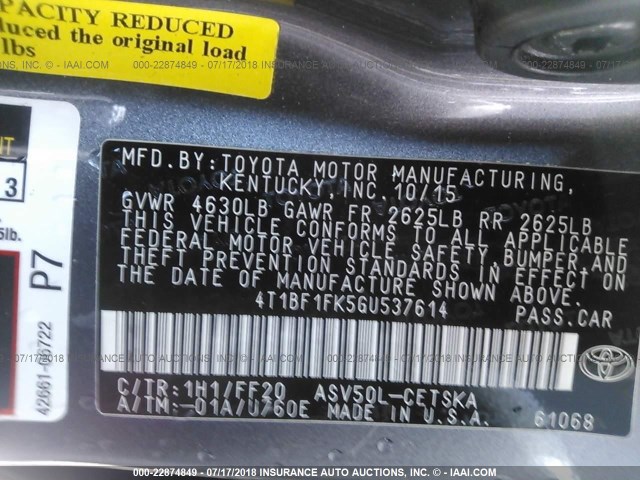 4T1BF1FK5GU537614 - 2016 TOYOTA CAMRY LE/XLE/SE/XSE GRAY photo 9