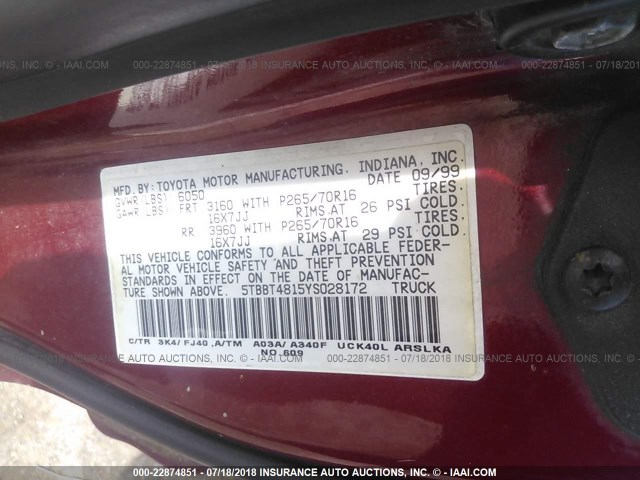 5TBBT4815YS028172 - 2000 TOYOTA TUNDRA ACCESS CAB LIMITED RED photo 9