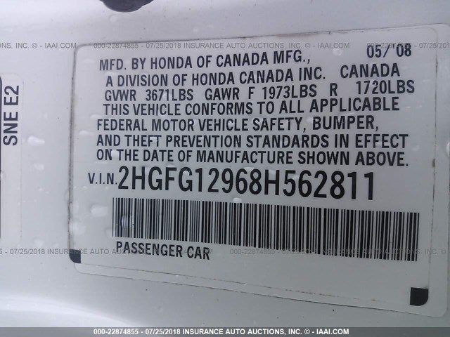 2HGFG12968H562811 - 2008 HONDA CIVIC EXL 白色 照片 9