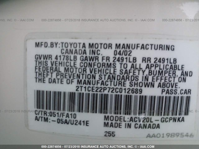 2T1CE22P72C012689 - 2002 TOYOTA CAMRY SOLARA SE WHITE photo 9