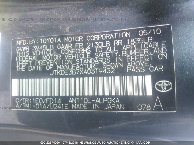 JTKDE3B7XA0319432 - 2010 TOYOTA SCION TC 黑色 照片 9