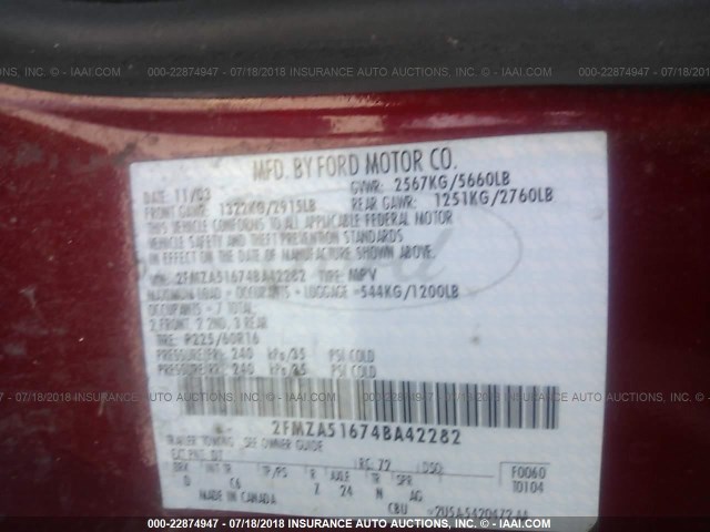 2FMZA51674BA42282 - 2004 FORD FREESTAR SE RED photo 9