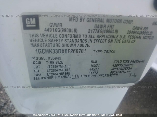 1GCHK33DX6F260781 - 2006 CHEVROLET SILVERADO K3500 WHITE photo 9