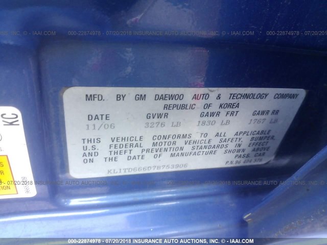 KL1TD66607B753906 - 2007 CHEVROLET AVEO LS BLUE photo 9