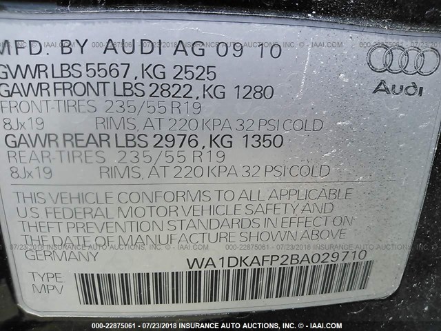 WA1DKAFP2BA029710 - 2011 AUDI Q5 PREMIUM PLUS BLACK photo 9