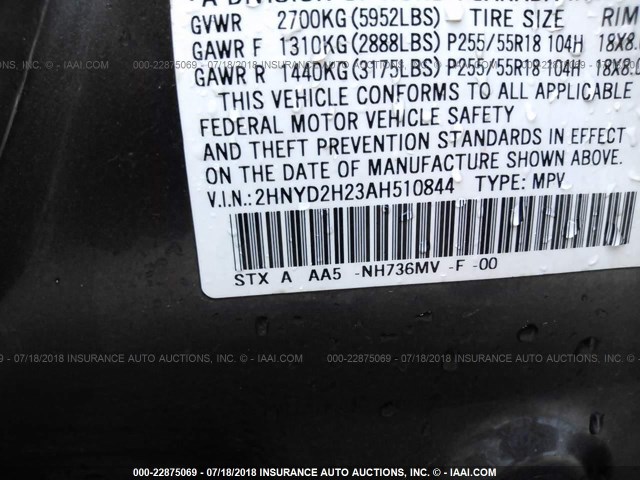 2HNYD2H23AH510844 - 2010 ACURA MDX GRAY photo 9