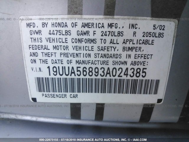 19UUA56893A024385 - 2003 ACURA 3.2TL TYPE-S SILVER photo 9