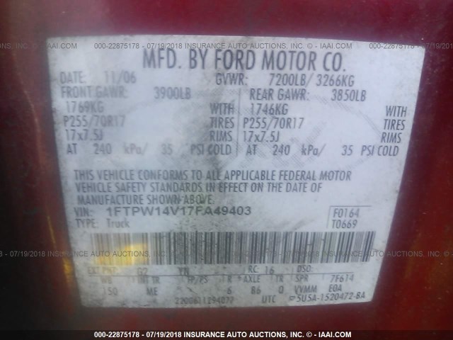 1FTPW14V17FA49403 - 2007 FORD F150 SUPERCREW RED photo 9