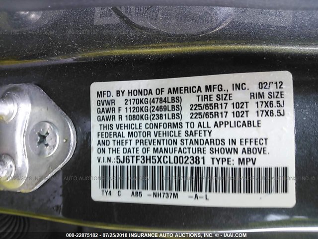 5J6TF3H5XCL002381 - 2012 HONDA CROSSTOUR EXL ნაცრისფერი ფოტო 9