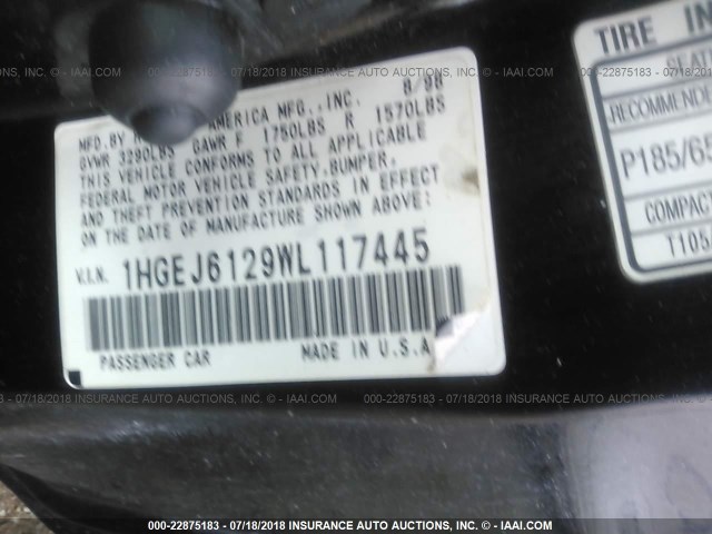 1HGEJ6129WL117445 - 1998 HONDA CIVIC DX BLACK photo 9