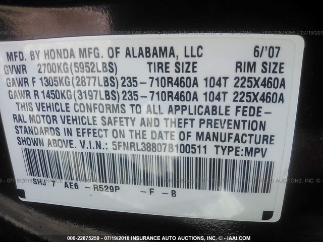 5FNRL38807B100511 - 2007 HONDA ODYSSEY TOURING MAROON photo 9