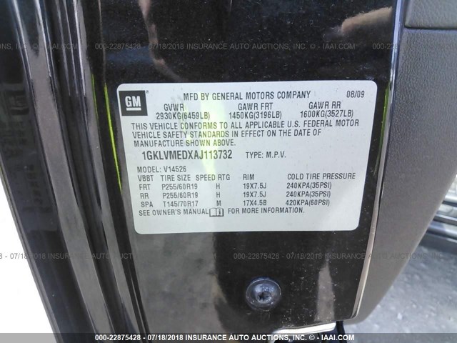 1GKLVMEDXAJ113732 - 2010 GMC ACADIA SLT-1 Czarny zdjęcie 9