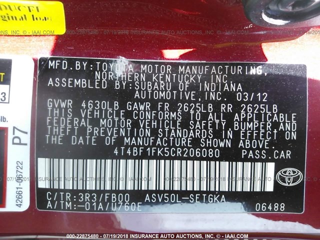 4T4BF1FK5CR206080 - 2012 TOYOTA CAMRY SE/LE/XLE RED photo 9