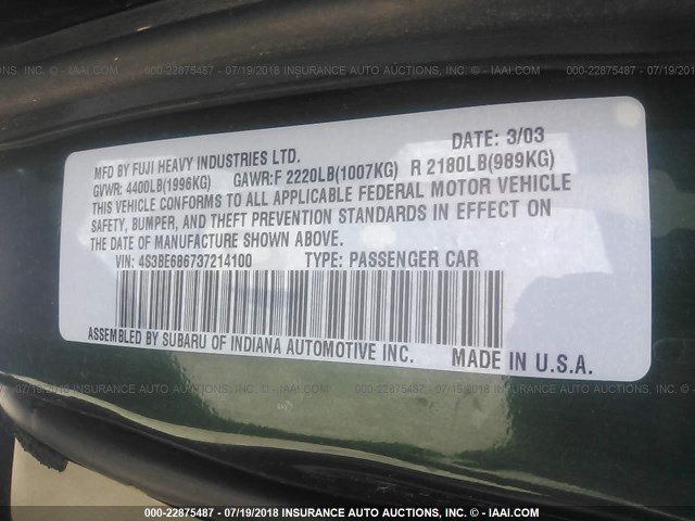 4S3BE686737214100 - 2003 SUBARU LEGACY OUTBACK LIMITED GREEN photo 9