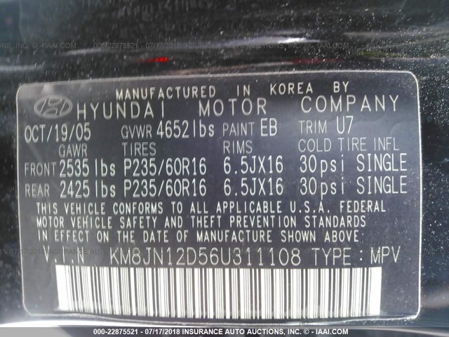 KM8JN12D56U311108 - 2006 HYUNDAI TUCSON GLS/LIMITED BLACK photo 9