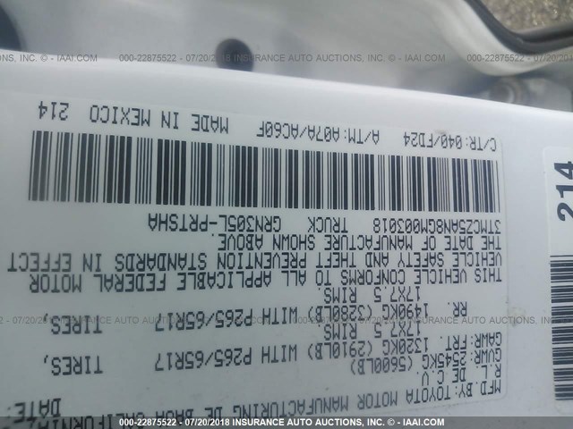 3TMCZ5AN8GM003018 - 2016 TOYOTA TACOMA DBL CAB/SR/SR5/TRD SPT/OR WHITE photo 9