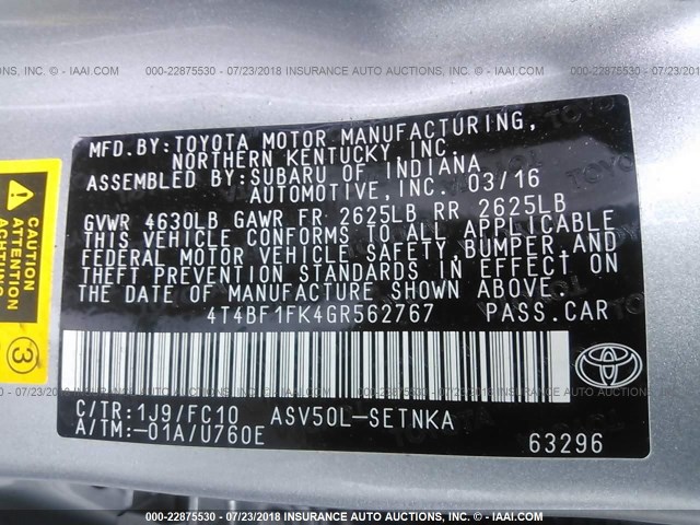 4T4BF1FK4GR562767 - 2016 TOYOTA CAMRY LE/XLE/SE/XSE 灰色 照片 9