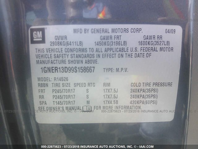 1GNER13D99S158667 - 2009 CHEVROLET TRAVERSE LS BLUE photo 9