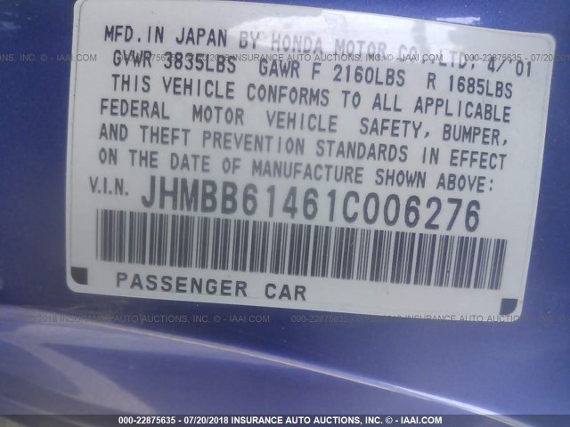 JHMBB61461C006276 - 2001 HONDA PRELUDE BLUE photo 9