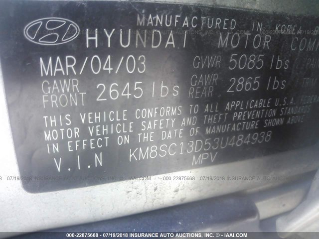 KM8SC13D53U484938 - 2003 HYUNDAI SANTA FE GLS/LX GRAY photo 9