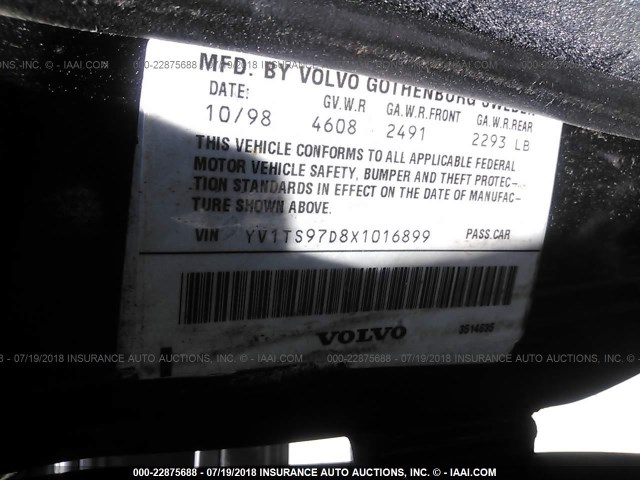 YV1TS97D8X1016899 - 1999 VOLVO S80 GRAY photo 9