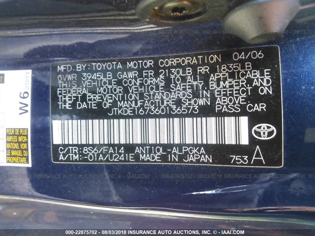 JTKDE167360136573 - 2006 TOYOTA SCION TC 蓝色 照片 9