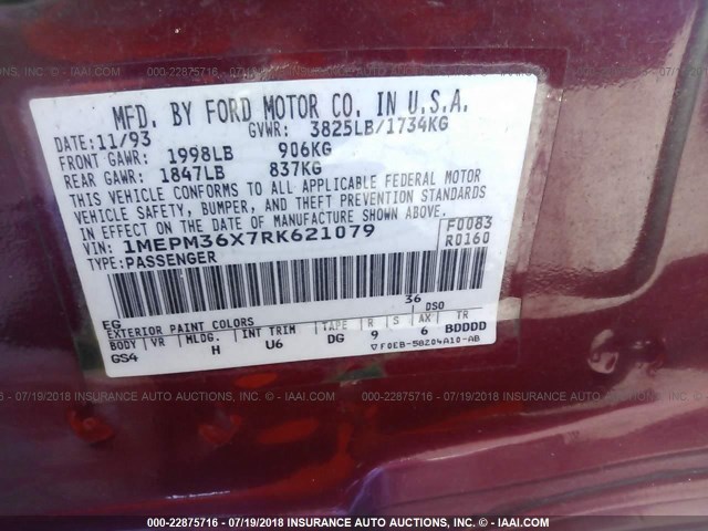 1MEPM36X7RK621079 - 1994 MERCURY TOPAZ GS RED photo 9