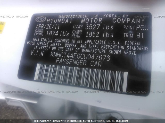 KMHCT4AE0CU047673 - 2012 HYUNDAI ACCENT GLS/GS WHITE photo 9