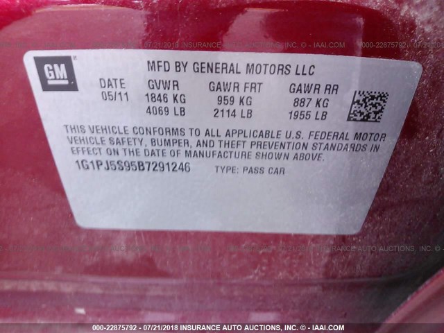 1G1PJ5S95B7291246 - 2011 CHEVROLET CRUZE ECO RED photo 9