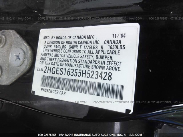 2HGES16355H523428 - 2005 HONDA CIVIC DX VP BLACK photo 9