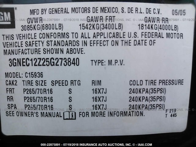 3GNEC12Z25G273840 - 2005 CHEVROLET AVALANCHE C1500 BLUE photo 9