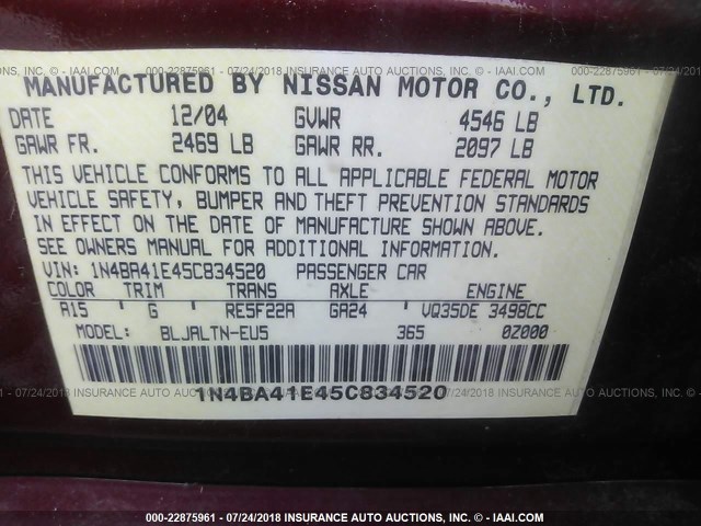 1N4BA41E45C834520 - 2005 NISSAN MAXIMA SE/SL MAROON photo 9