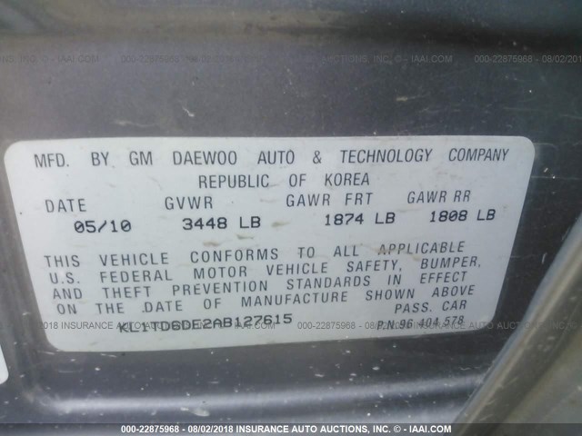 KL1TD6DE2AB127615 - 2010 CHEVROLET AVEO LS/LT 灰色 照片 9