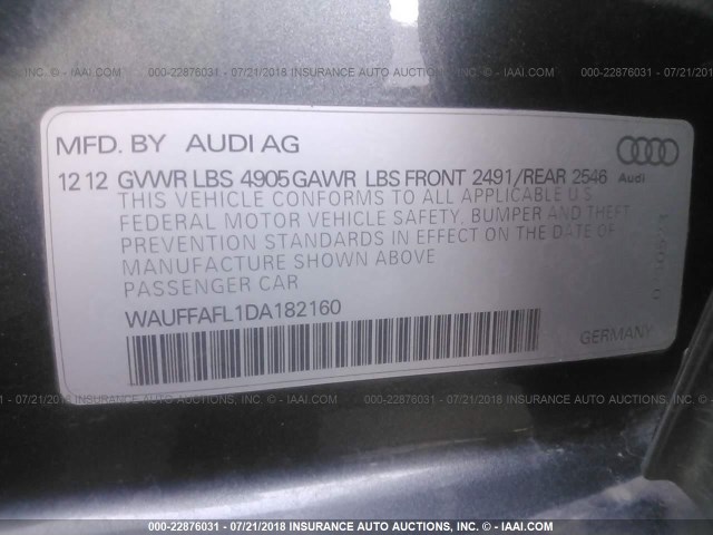 WAUFFAFL1DA182160 - 2013 AUDI A4 PREMIUM PLUS GRAY photo 9